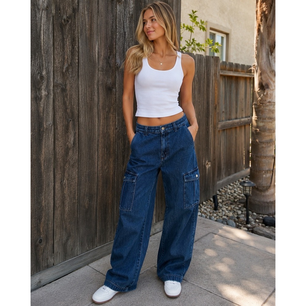 Madewell Low-Slung Cargo Jeans Womens 29 Blue Denim Wide Leg Utility Pants